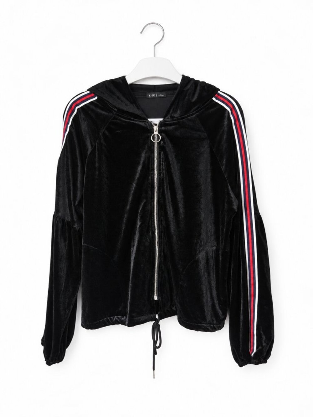 NWT Very J Women’s Size M Black Velvet Zip-Up Hoodie Striped Sleeves